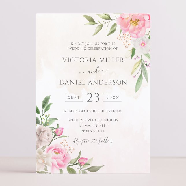Pink Watercolor Floral Peonies Elegant Wedding Invitation (Creator Uploaded)