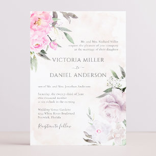 Pink Watercolor Floral Peonies Elegant Wedding Invitation