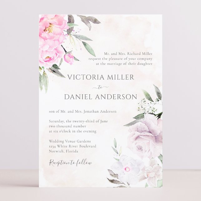 Pink Watercolor Floral Peonies Elegant Wedding Invitation (Creator Uploaded)