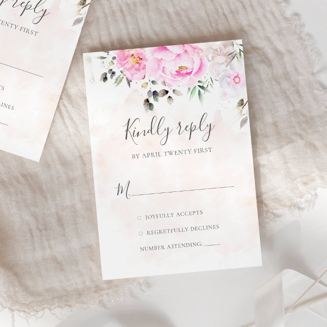 Pink Watercolor Floral Peonies Elegant Wedding RSVP Card (Creator Uploaded)