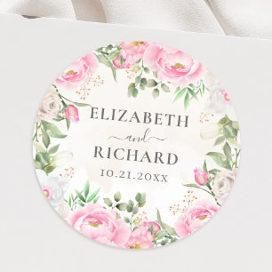 Pink Watercolor Floral Peony Elegant Wedding Classic Round Sticker