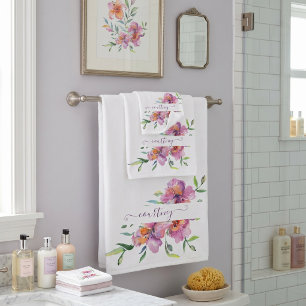 Pink watercolor floral personalised bath towel set