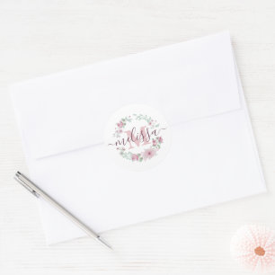 Pink watercolor floral personalised classic round sticker