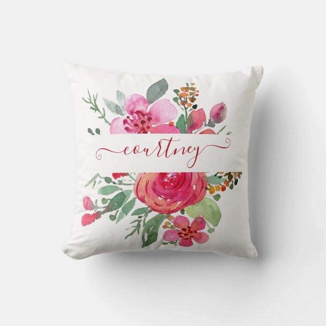 Pink watercolor floral personalised  cushion (Front)