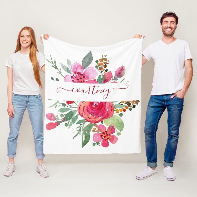 Pink watercolor floral personalised  fleece blanket (In Situ)