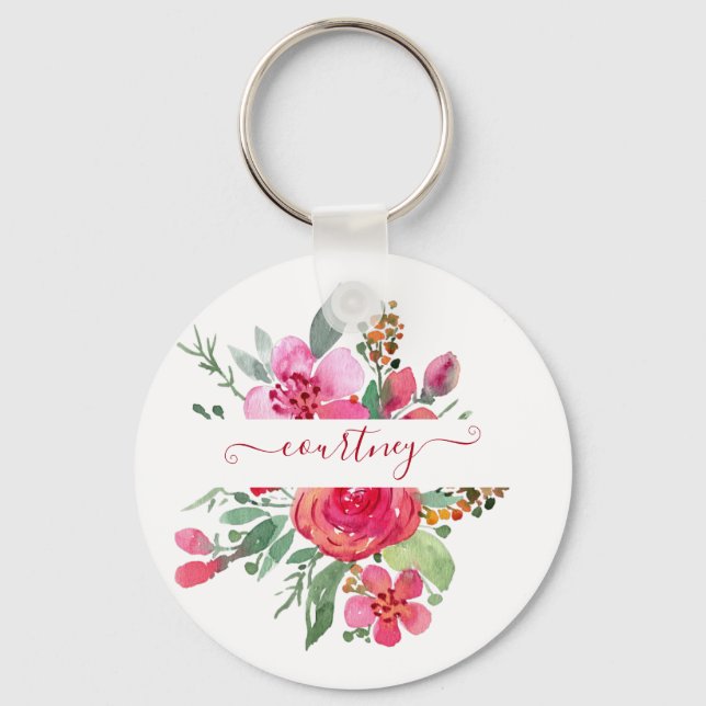 Pink watercolor floral personalised  key ring (Front)