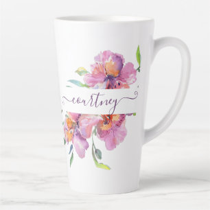 Pink watercolor floral personalised latte mug