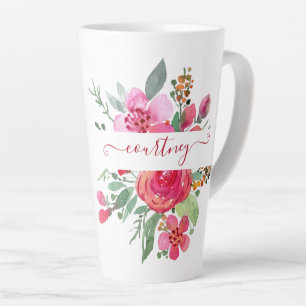 Pink watercolor floral personalised   latte mug