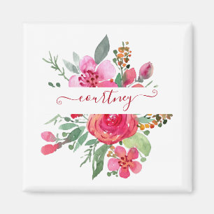 Pink watercolor floral personalised magnet