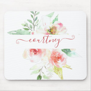 Pink watercolor floral personalised mouse pad