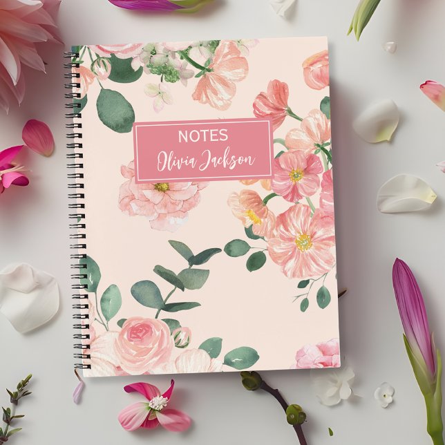 Pink Watercolor Floral Personalised Name Notebook (Creator Uploaded)