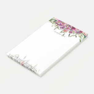 Pink watercolor floral personalised post-it notes