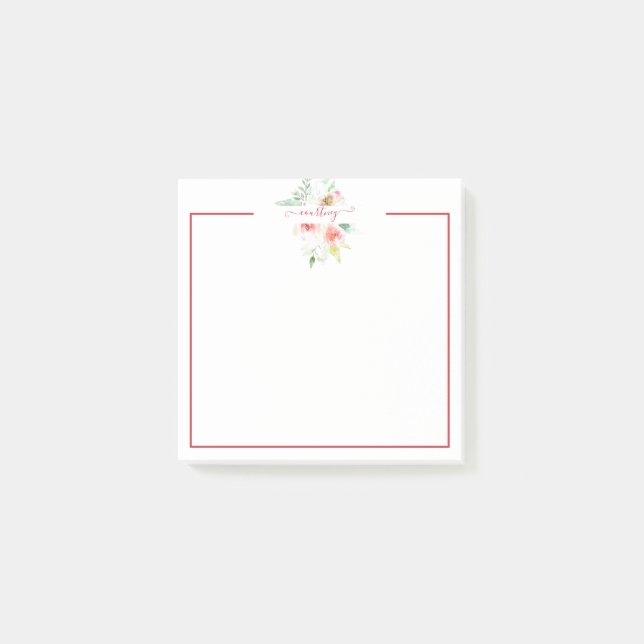 Pink watercolor floral personalised  post-it notes (Front)