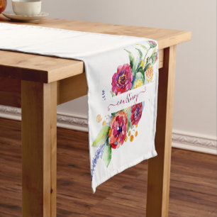 Pink watercolor floral personalised short table runner