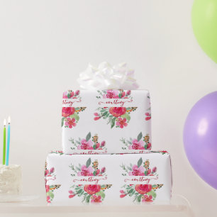 Pink watercolor floral personalised wrapping pap paper