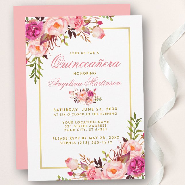 Pink Watercolor Floral Quinceanera Gold Invitation (Customize to change text color, style, add text & photos to back or change color of back of card.)