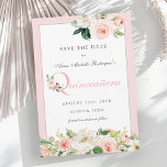 Pink Watercolor Floral Quinceañera Save the Date<br><div class="desc">A save the date for a Quinceanera in beautiful feminine style with this lovely watercolor floral invitation in blush pink pastels. The word "Quinceanera" is spelled out in pastel pink and is embellished with a matching floral bouquet with trailing greenery. A matching pastel pink border frames the invitation text beautifully....</div>