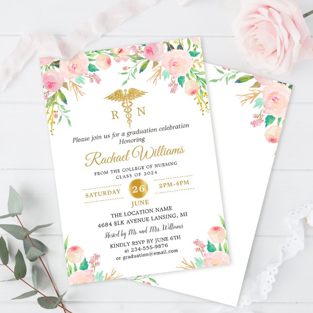 Pink Watercolor Floral RN Nurse Graduation Party Invitation (Creator Uploaded)