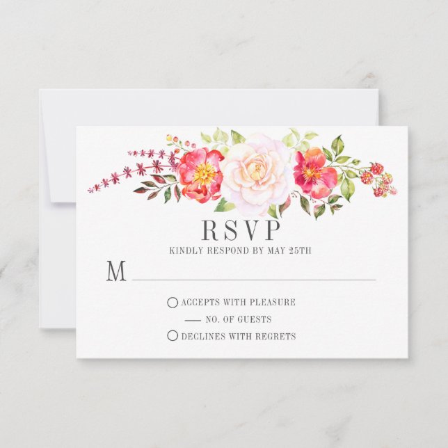 Pink Watercolor Floral Roses Greenery RSVP Card (Front)