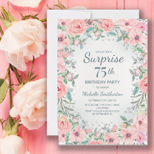 Pink Watercolor Floral Roses Pearls 75th Birthday
