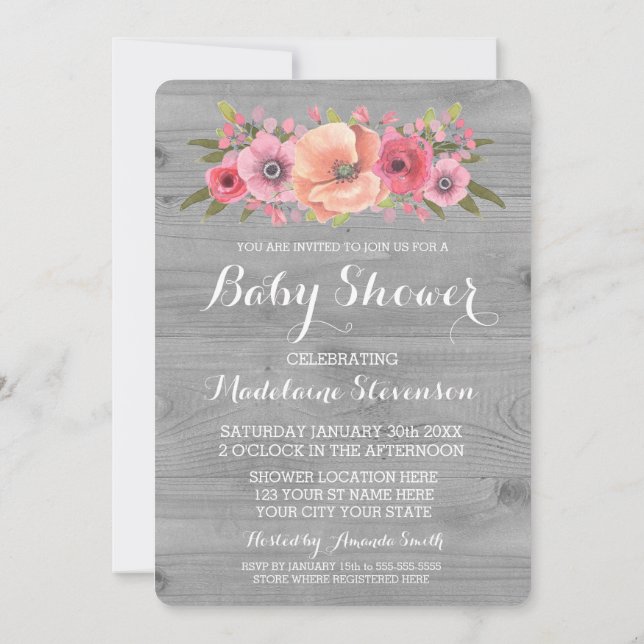 Pink Watercolor Floral Rustic Wood Baby Shower Invitation (Back)