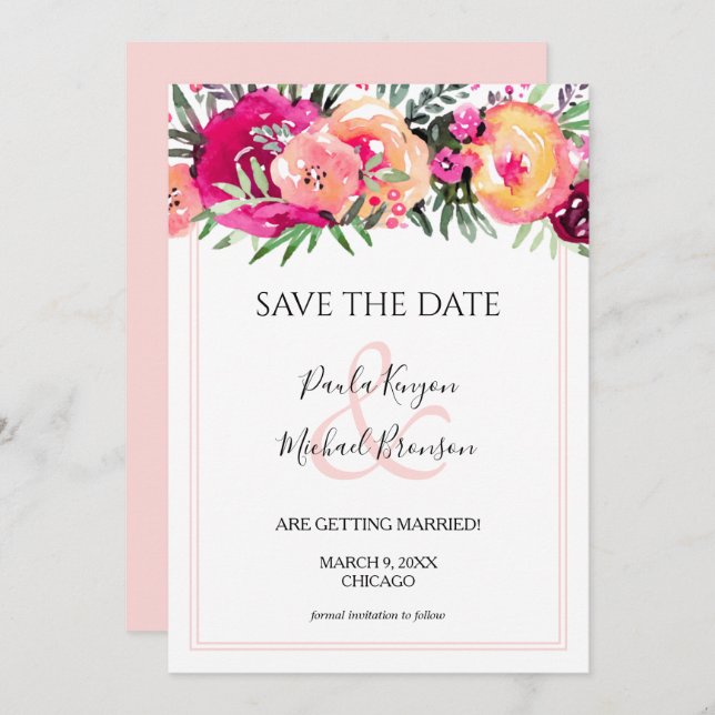 Pink Watercolor Floral Save the Date Cards (Front/Back)