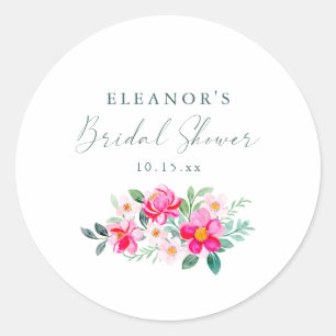 Pink Watercolor Floral Script Custom Bridal Shower Classic Round Sticker