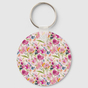 Pink Watercolor Floral Shabby Chic Pattern Key Ring