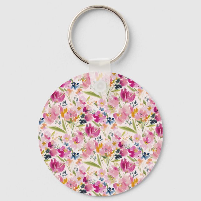 Pink Watercolor Floral Shabby Chic Pattern Key Ring (Front)