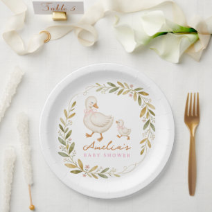 Pink Watercolor Floral silly goose Baby Shower Paper Plate