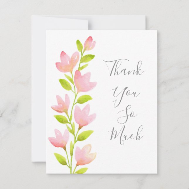 Pink Watercolor Floral Stem Thank You Card (Front)