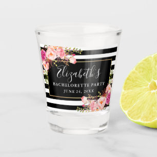 Pink Watercolor Floral Striped Bachelorette Party Shot Glass