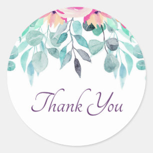 Pink watercolor floral thank you  classic round st sticker