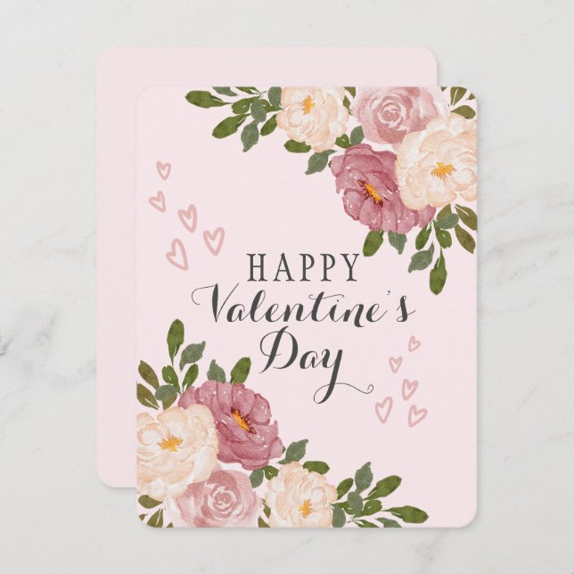 Pink Watercolor Floral Valentine’s Day Holiday Card (Front/Back)