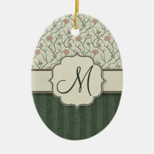 Pink Watercolor Floral Vines, Stripes and Monogram Ceramic Ornament