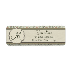 Pink Watercolor Floral Vines, Stripes and Monogram Return Address Label