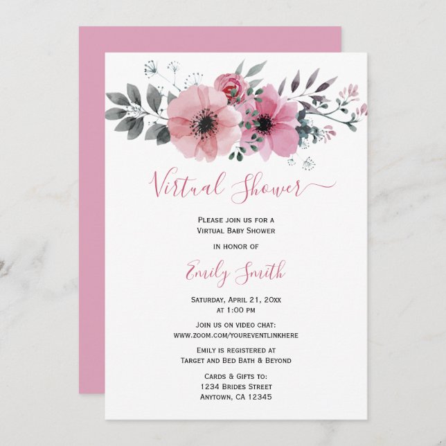 Pink Watercolor Floral | Virtual Baby Shower Invitation (Front/Back)