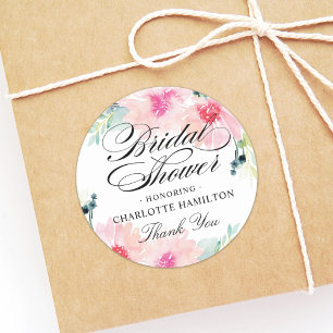 Pink Watercolor Floral Wedding Bridal Shower Classic Round Sticker