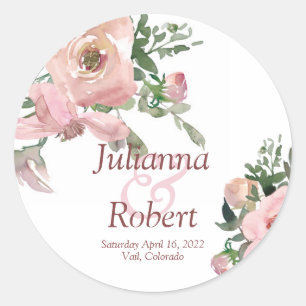 Pink watercolor floral wedding classic round stic sticker