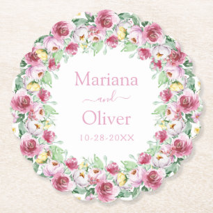 Pink Watercolor Floral Wedding Paper Coaster