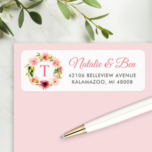Pink Watercolor Floral Wreath Monogram Address Return Address Label
