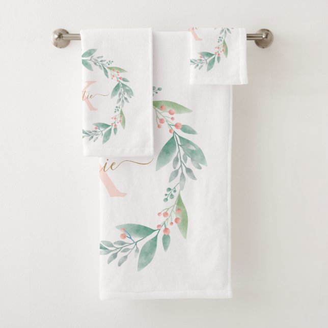 Pink Watercolor Floral Wreath Monogram Bath Towel Set (Insitu)