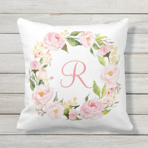 Pink Watercolor Floral Wreath Monogram Outdoor Cushion