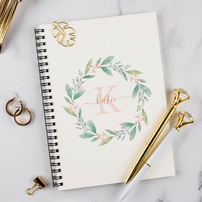 Pink Watercolor Floral Wreath Monogrammed Notebook (Creator Uploaded)