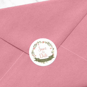Pink Watercolor Floral Wreath Save the Date Classic Round Sticker