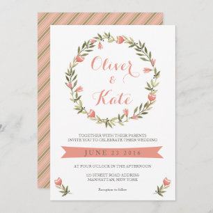 Pink Watercolor Floral Wreath Wedding Invitation