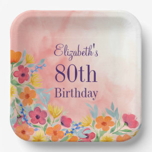 Pink Watercolor Florals 80th Birthday Paper Plates