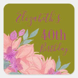 Pink Watercolor Florals Customisable Birthday Square Sticker