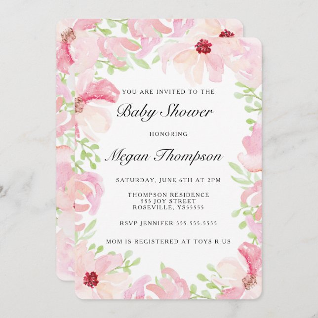 Pink Watercolor Flower Baby Shower Invitation (Front/Back)