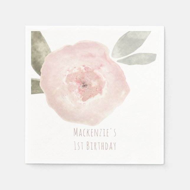 Pink Watercolor Flower Birthday Party Custom Napkin (Front)